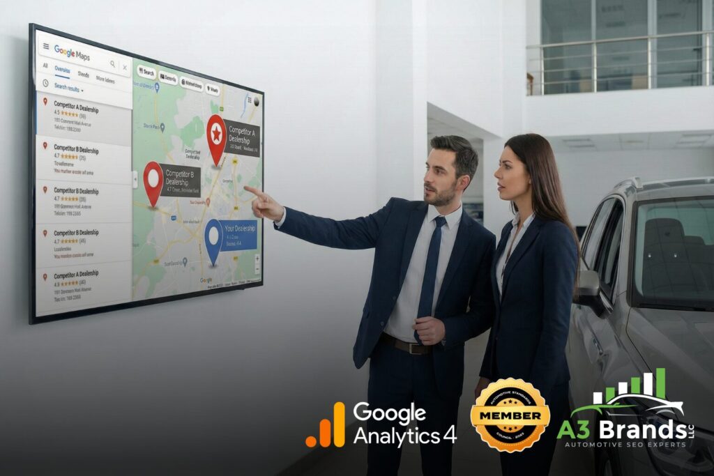 Two agent discussing Local search results showing competing car dealerships ranking higher