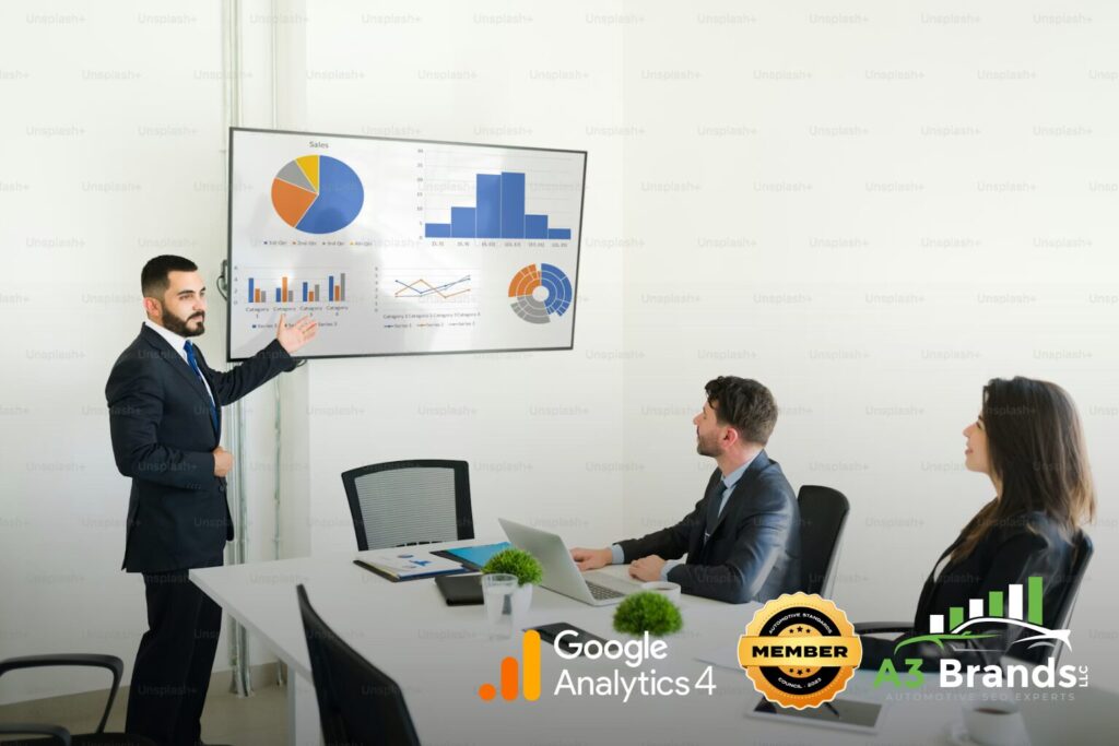 Car dealership general manager analyzing AI-driven search performance dashboard.