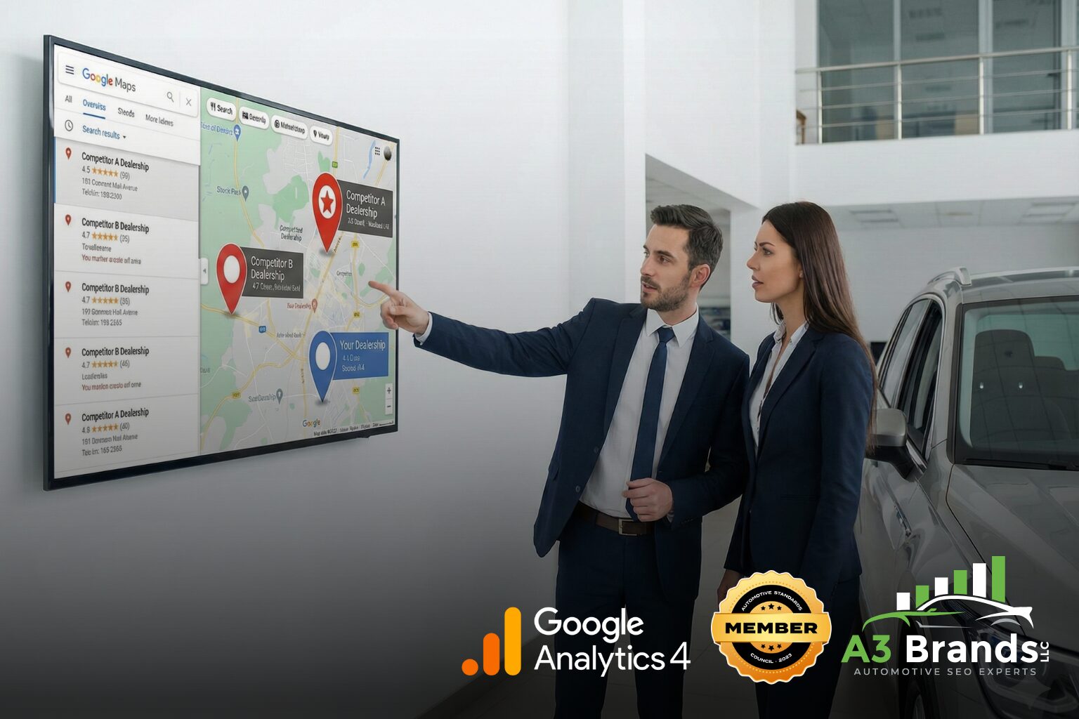 Two agent discussing Local search results showing competing car dealerships ranking higher