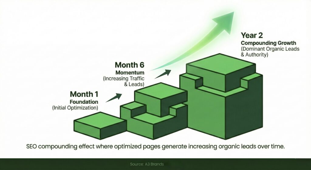 SEO compounding effect where optimized pages generate increasing organic leads over time.