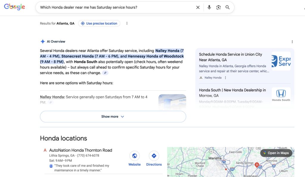 Google search bar showing an 8–12 word long conversational query, e.g., ‘Which Honda dealer near me has Saturday service hours?