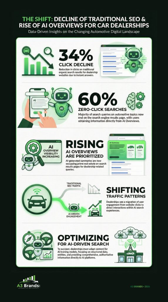 Infographic showing decline in traditional SEO performance, 34% click decline, 60% zero-click searches, and rising AI Overview visibility for dealerships.