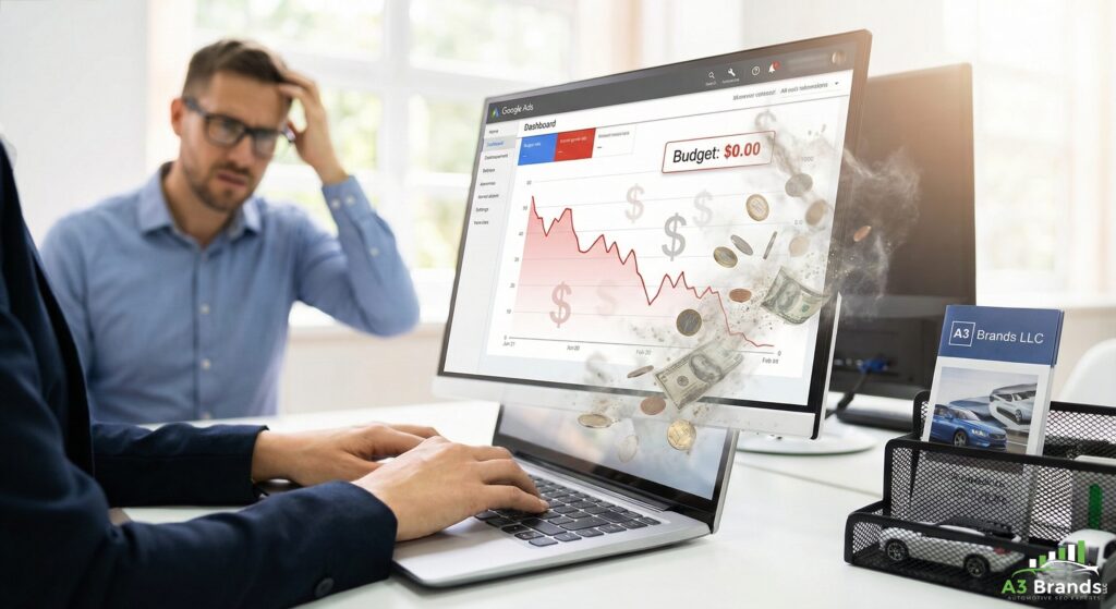 Marketing dashboard showing declining PPC performance and wasted ad spend