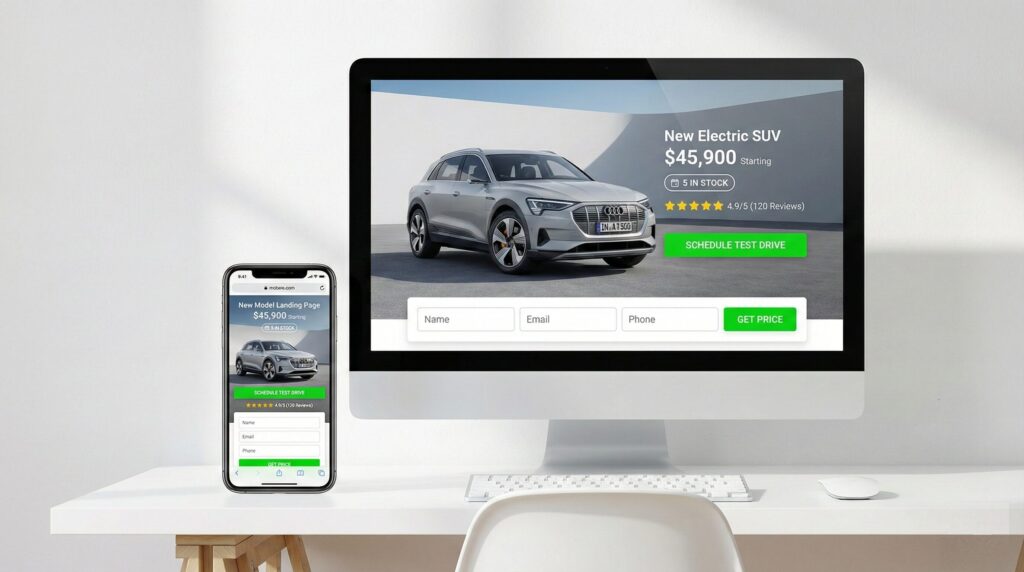 Optimized Model Landing Page design on mobile and desktop showing conversion elements for dealership SEO
