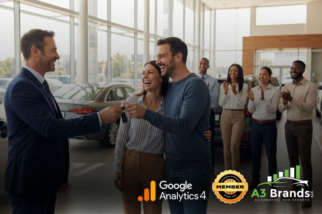 Dealership sales team celebrating successful car sale with customers receiving keys in modern showroom