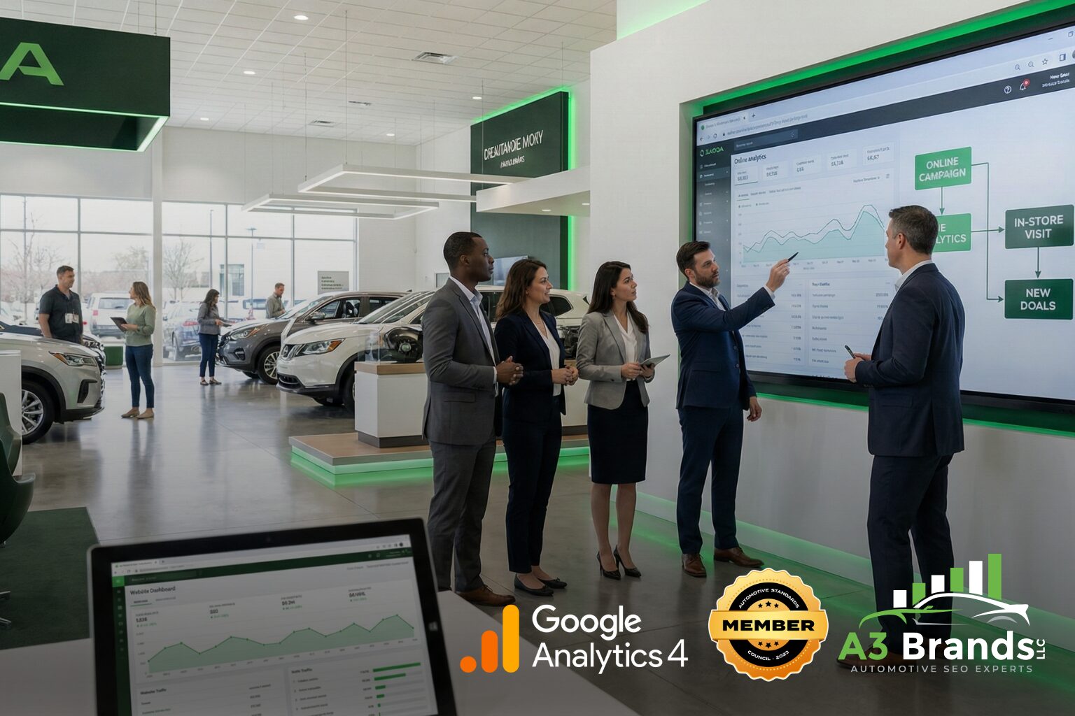 Dealership sales team analyzing model page performance data on screen while customers browse vehicles in modern showroom