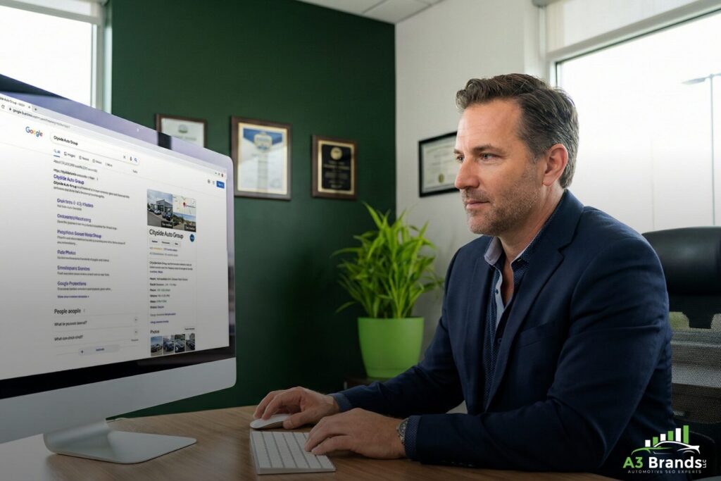 Dealership manager reviewing Google Business Profile listing on desktop computer in office