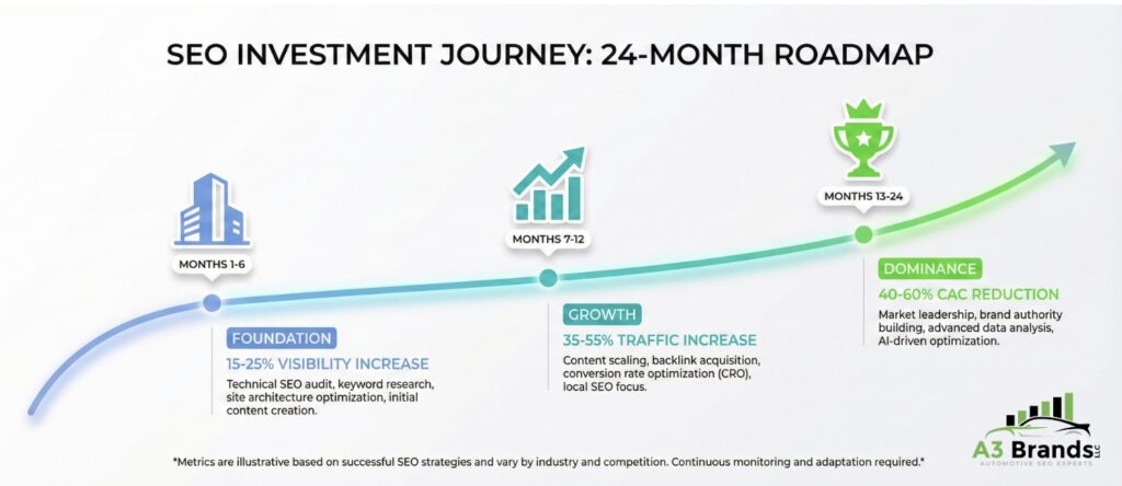 Timeline infographic showing 24-month SEO investment journey with three phases: Foundation months 1-6, Growth months 7-12, and Dominance months 13-24 with corresponding performance metrics