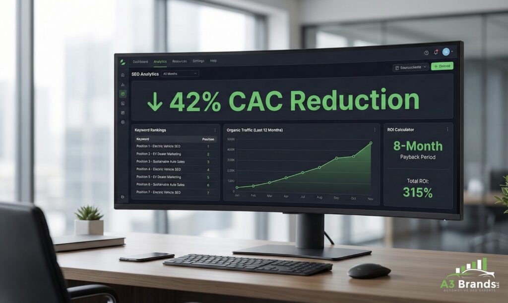 SEO analytics dashboard displaying 42% CAC reduction, upward organic traffic trend, top keyword rankings, and 8-month ROI payback calculator on executive desk monitor
