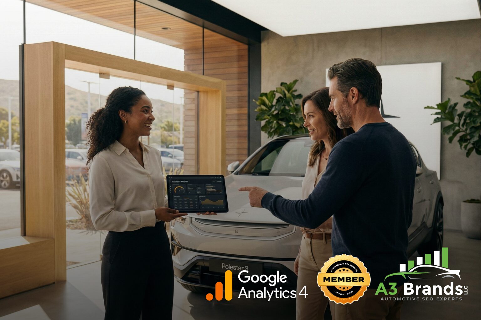 Dealership showroom with customers and sales team, digital analytics overlay