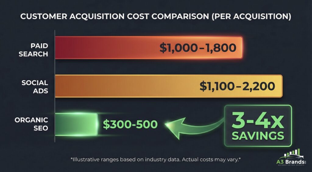 Bar chart comparing dealership customer acquisition costs showing Paid Search at $1,000-1,800, Social Ads at $1,100-2,200, and Organic SEO at $300-500, highlighting 3-4x cost savings