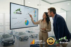 Dealership showroom with customers and sales team, digital analytics overlay