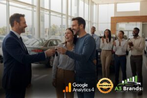 Dealership sales team celebrating successful car sale with customers receiving keys in modern showroom