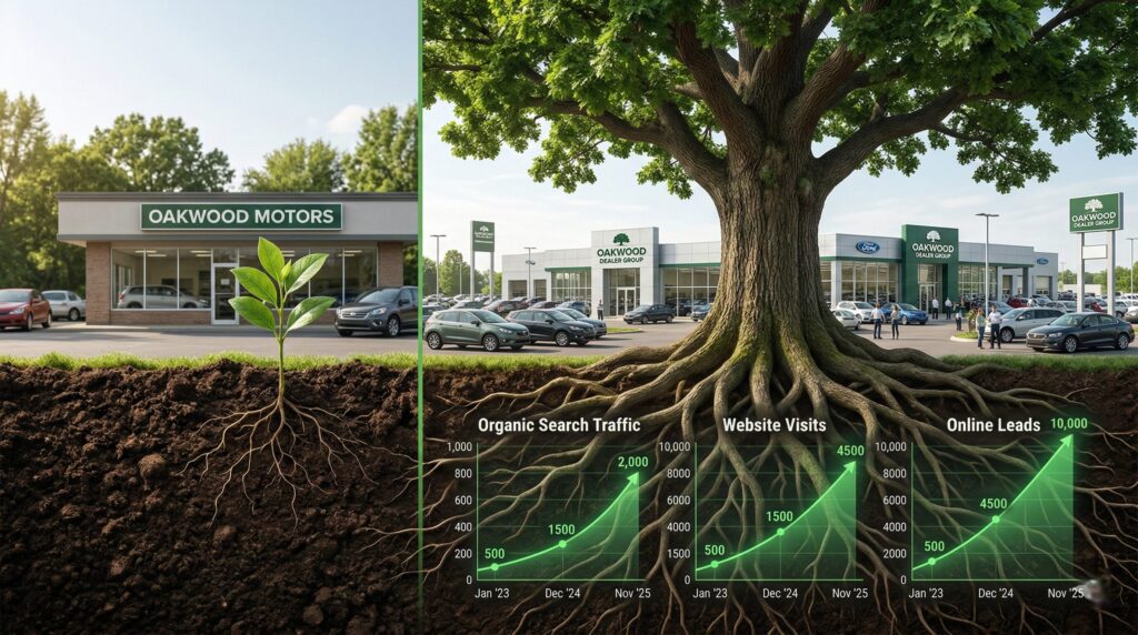Conceptual split image comparing early-stage organic SEO growth to a fully established content strategy, illustrating how dealership digital marketing investments compound over months and years into sustainable competitive advantages.