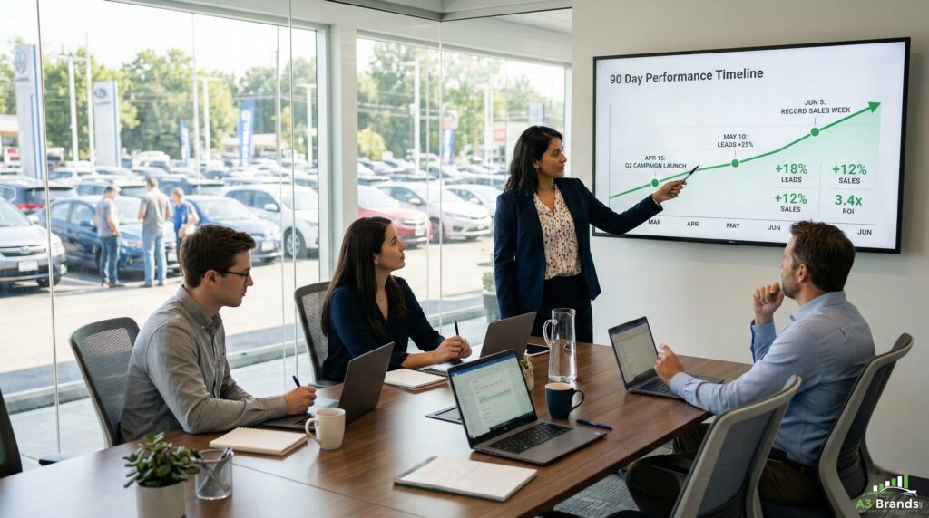 Dealership marketing team reviewing 90-day SEO pilot results on a conference room screen showing upward performance trends, with the dealership lot visible through glass walls in the background.