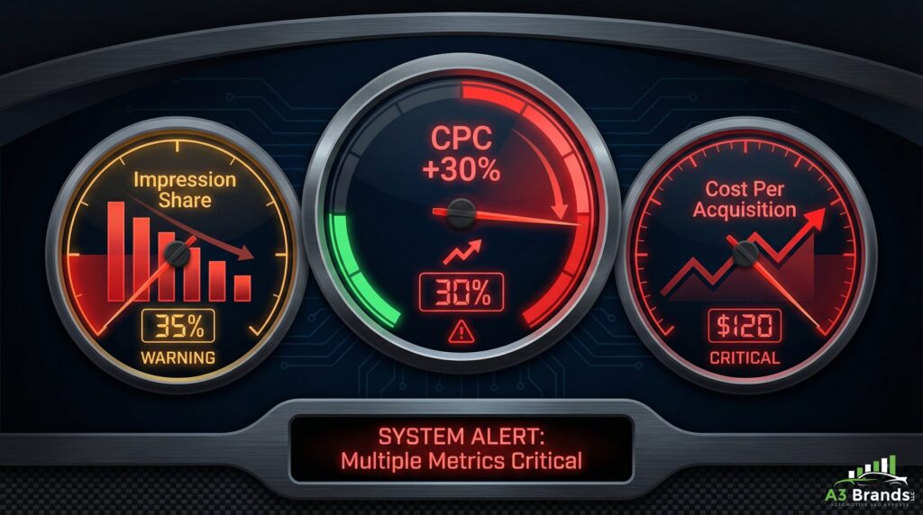 Three PPC warning signals dashboard showing rising CPC, declining impression share, and increasing cost per acquisition"