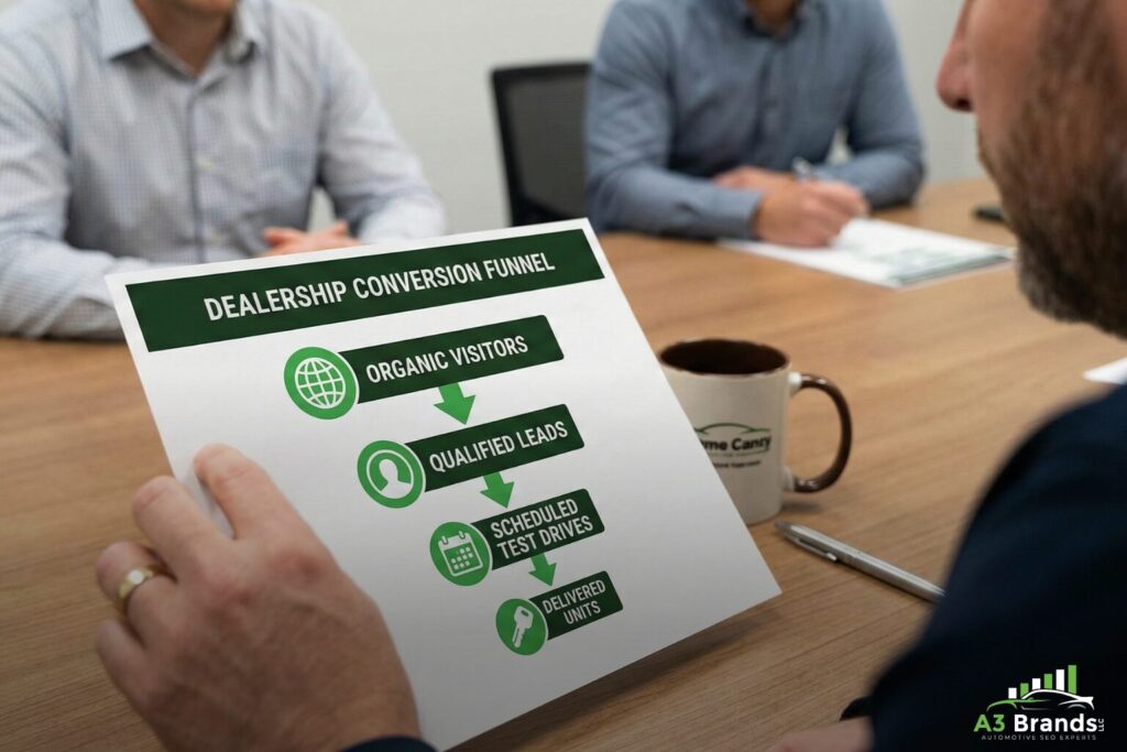 Dealership team reviewing a printed conversion cascade infographic showing four stages from organic website visitors to leads to test drives to sold units on a conference table