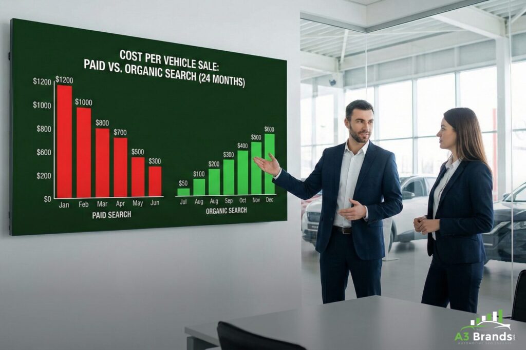 Two dealership professionals comparing a 24-month cost-per-sale chart showing organic search outperforming paid search over time displayed on a large meeting room screen