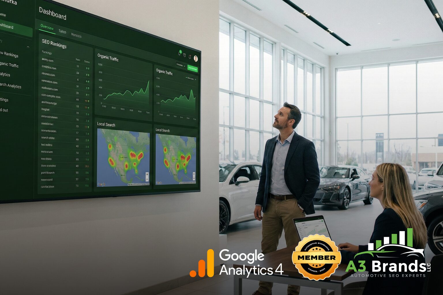 Dealership sales team celebrating successful car sale with customers receiving keys in modern showroom