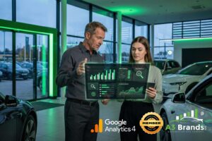 Automotive dealership with digital SEO competitor analysis data overlay showing ranking comparisons and keyword gaps