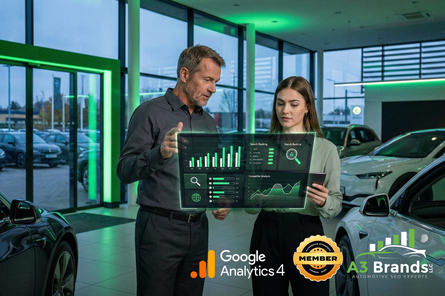 Automotive dealership with digital SEO competitor analysis data overlay showing ranking comparisons and keyword gaps