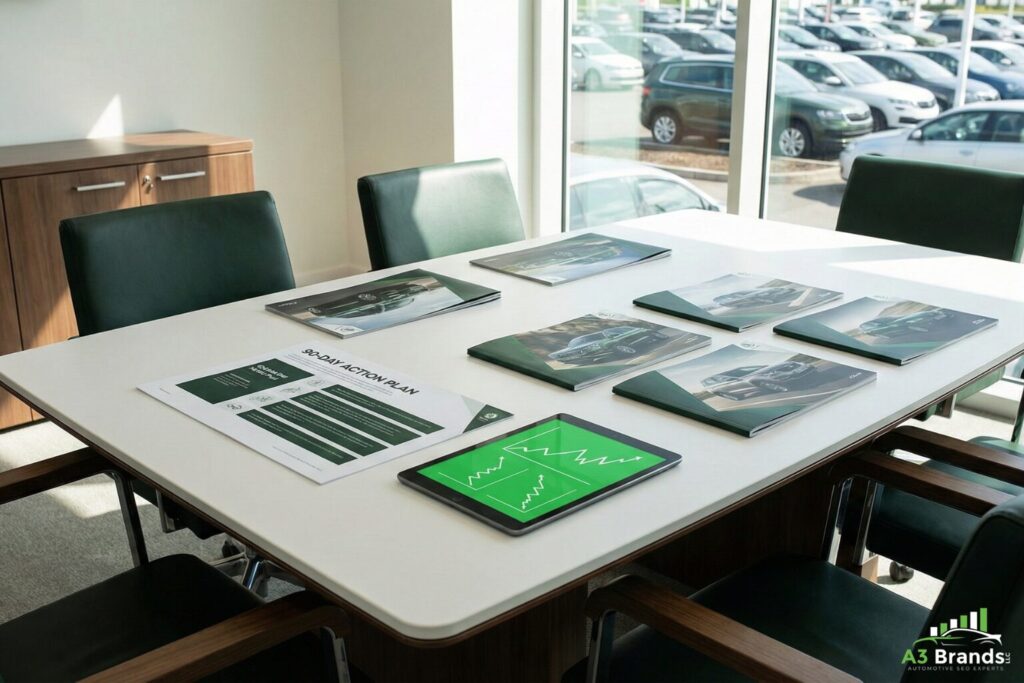 Dealership conference table with 90-day SEO action plan document and tablet showing organic traffic growth trends