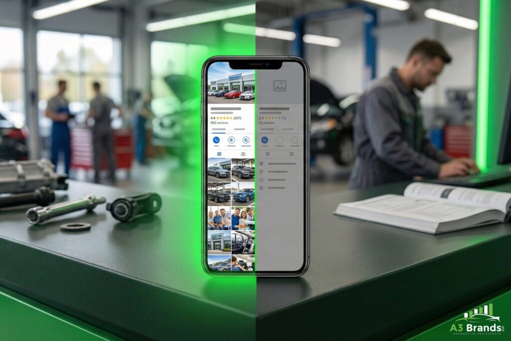 Smartphone showing side-by-side comparison of optimized versus neglected dealership Google Business Profile listings