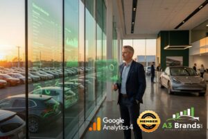 Car dealership general manager viewing showroom floor with digital analytics overlay showing organic search rankings and lead metrics, representing the bridge between traditional auto sales and modern digital marketing strategy.