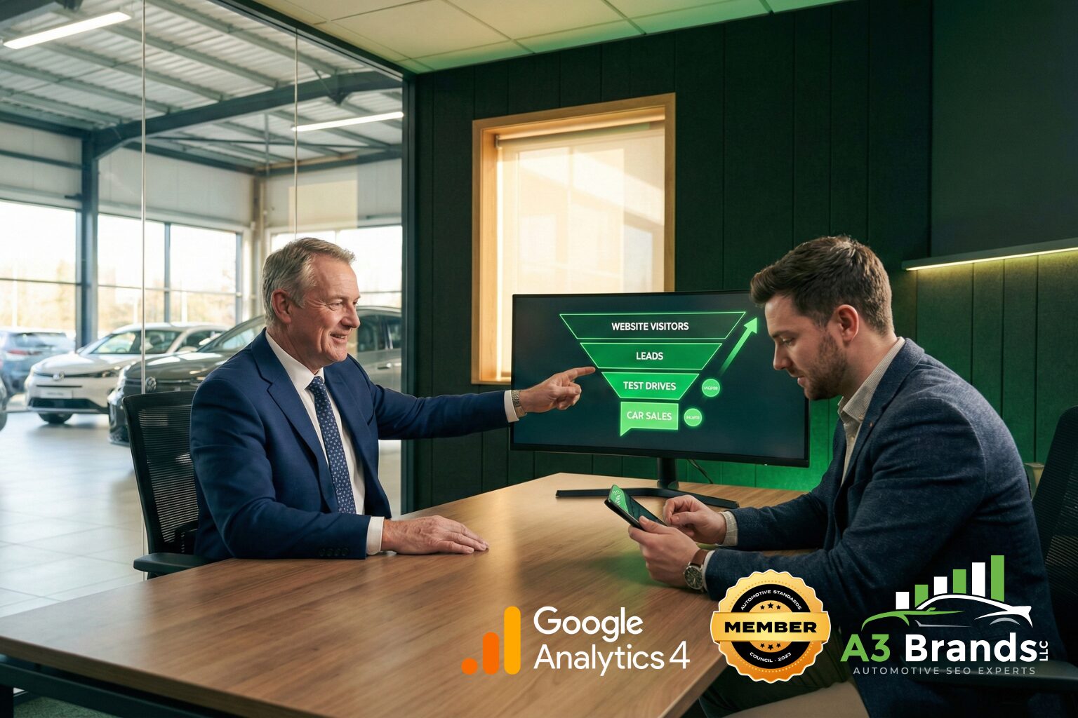Dealership general manager and digital marketing specialist reviewing organic search conversion data on a monitor showing a funnel from website visitors to vehicle sales in a modern dealership office