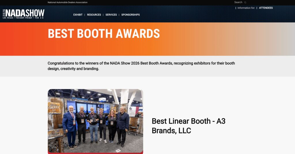 Screenshot from the official NADA Show 2026 Best Booth Awards page at nada.org — A3 Brands, LLC recognized as Best Linear Booth, listed first among the four category winners.