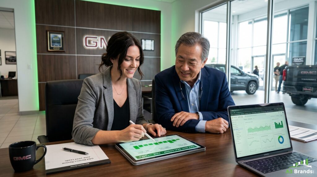 Two automotive SEO specialists reviewing a clean ASC-compliant GA4 analytics dashboard during a dealership conversion tracking implementation