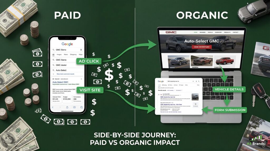 Visual comparison of paid versus organic conversion paths for a car dealership customer journey, showing attribution overlap and wasted ad spend