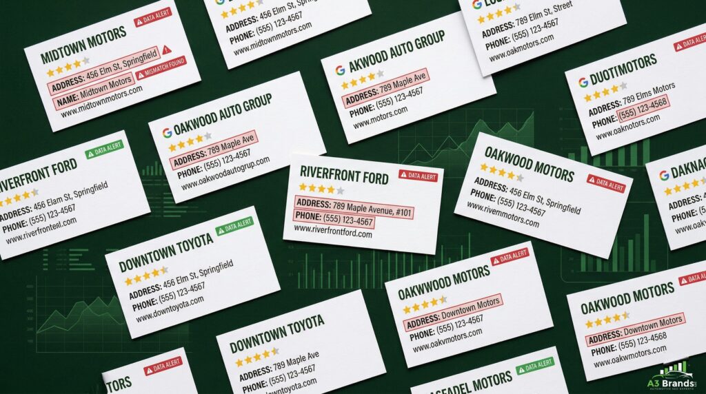 Fragmented local SEO data across multiple dealership locations showing inconsistent Google Business Profile listings