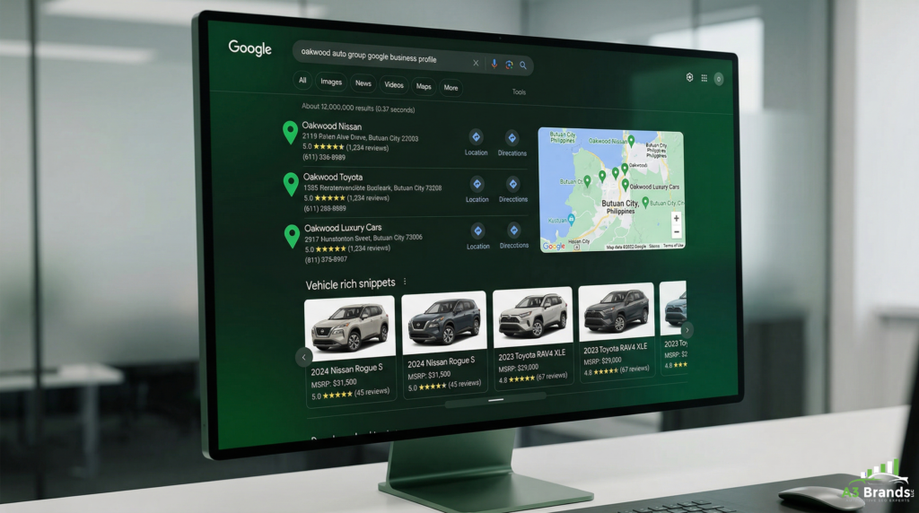 Automotive dealership inventory appearing in Google local search results with structured data rich listings showing vehicle details