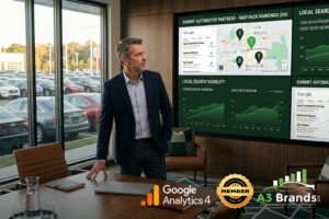 Automotive dealer group operator reviewing local SEO performance data across multiple dealership locations