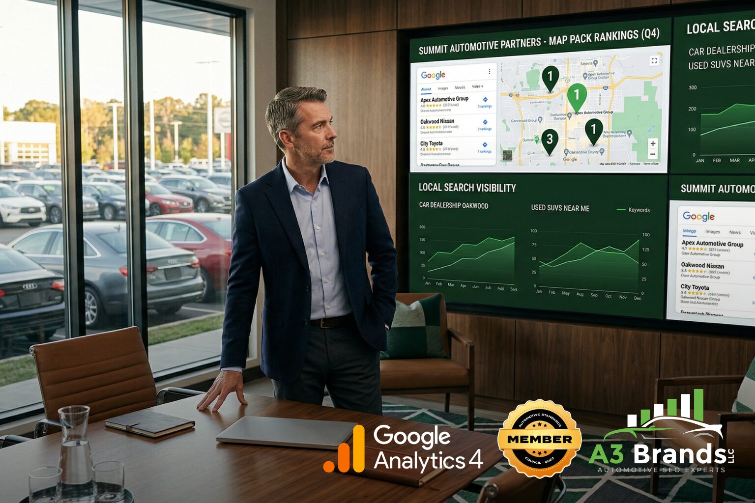 Automotive dealer group operator reviewing local SEO performance data across multiple dealership locations