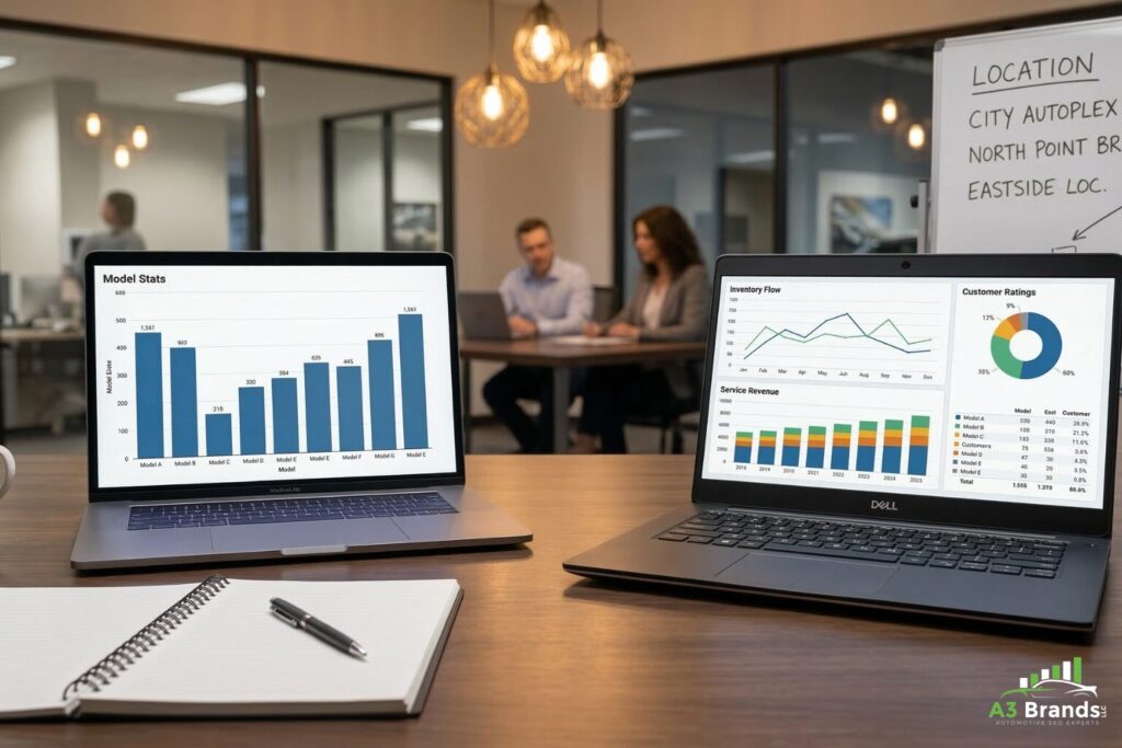 Automotive group manager comparing inconsistent GA4 analytics data across multiple dealership store reports