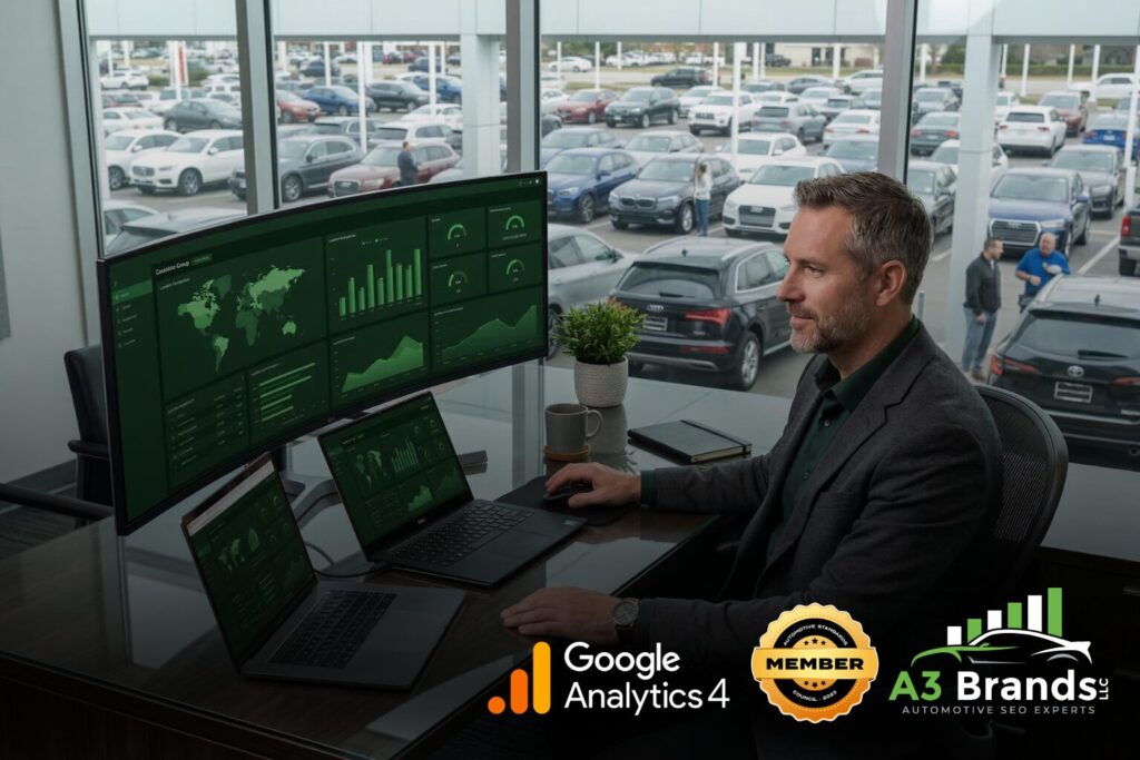 Digital marketing director reviewing SEO performance dashboards across multiple dealership locations