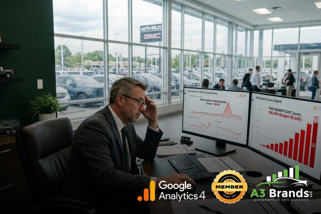 Dealership general manager reviewing inflated paid search conversion data on dual monitors in a modern automotive office