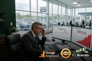 Dealership general manager reviewing inflated paid search conversion data on dual monitors in a modern automotive office