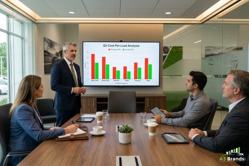 General manager and digital director presenting SEO ROI cost-per-lead data to dealership ownership group