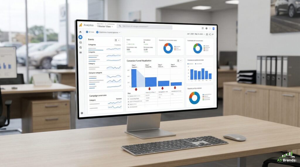 ASC-compliant GA4 tracking dashboard showing standardized dealership conversion events