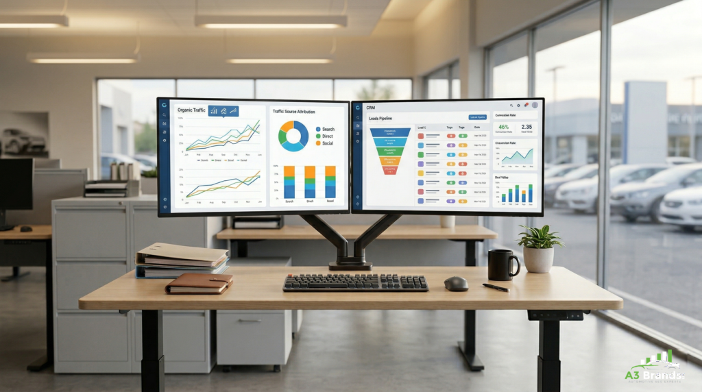 GA4 attribution dashboard showing organic lead tracking for local SEO pilot at auto dealership