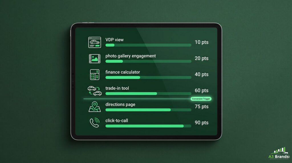 Dealership sales manager reviewing a micro-conversion lead scoring dashboard tracking VDP views, finance calculator use, and trade-in completions for SEO attribution