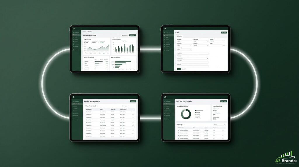Four-system dealership SEO attribution loop connecting website analytics, CRM lead data, DMS closed sales, and call tracking into one closed reporting cycle