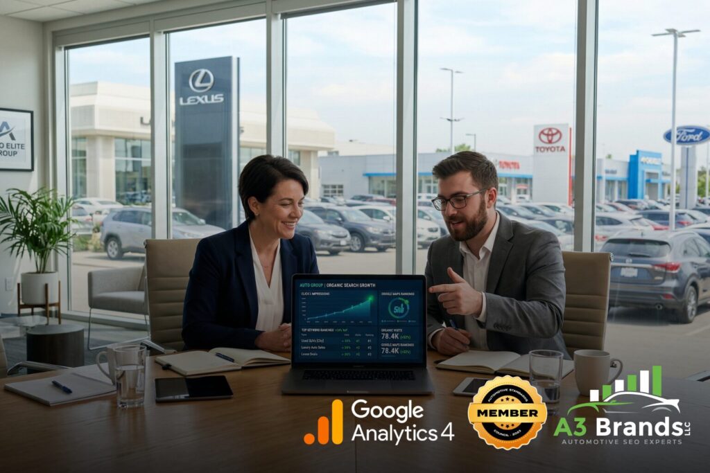 Multi-store auto dealer group reviewing SEO pilot results on dashboard