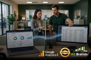 Dealership BDC staff connecting organic search source data through CRM and DMS systems to closed vehicle sales records for SEO attribution