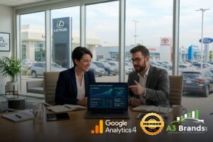 Multi-store auto dealer group reviewing SEO pilot results on dashboard