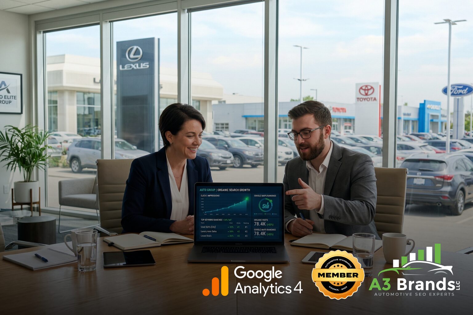 Multi-store auto dealer group reviewing SEO pilot results on dashboard